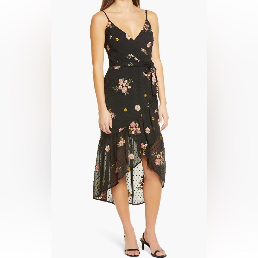Dress the Population Delphine Floral Embroidered Wrap Dress